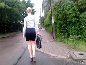 Blonde chick, mini skirt, high heels