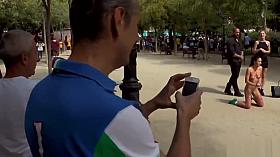 Naked slim brunette fucked in public