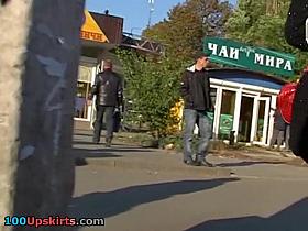 Nylon tights sparkling upskirt