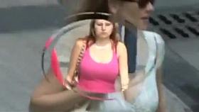 Deep cleavage bouncing titties on road