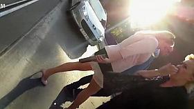 Attractive blonde lady jiggles her butt as she walks