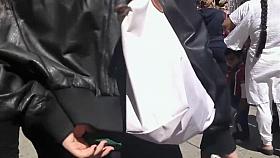 Hot chick yanks tights on her ass