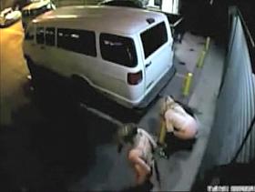 Three girls peeing in public on security camera