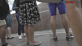 Lonely brunette got her upskirt view caught by voyeur