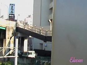 Hot girl with a yellow bag skirt sharked on the stairs