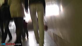 Admiring lengthy hose legs up petticoat