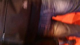 blonde with denim short black pantyhose