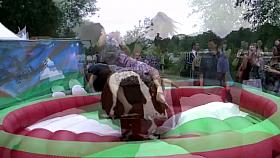 Upskirt scenes with wild girls riding the buffalo