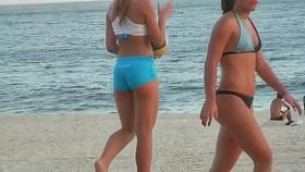 Hot beach voyeur with hot babes in tight shorts playing volleyball