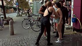 Big tits slave gangbang fucked in public