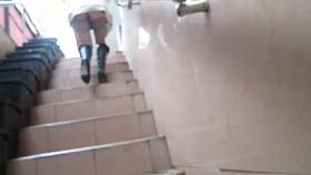 Flashing stockings tops going upstair