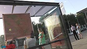 Babe in the summer dress was upskirted at the bus stop