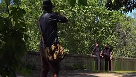 Dark haired babe gangbanged in public