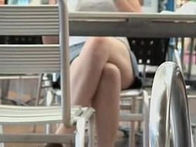 Sitting at the table and flashing white panty up skirt AE81