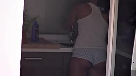 My smoking hot neighbor shows off her cleavage while cleaning