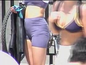 Fat ass voyeured on cam in the latex swimsuit shorts 07b