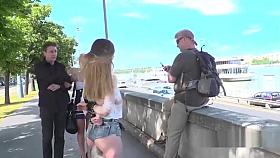 Public double penetration fuck for busty