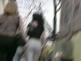 Street candid action with brunette office lady in strict and sexy pants