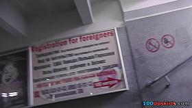 MILF upskirt action excites with transparent pantyhose