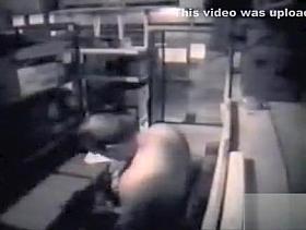 Restaurant employees copulate in the supply room