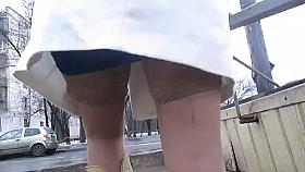 Baby flashing tan stockings tops going upstairs