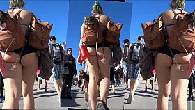 Sweet babe has most of her butt revealed on tape