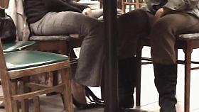 Candid Feet Shoeplay Dipping at Bookstore Cafe