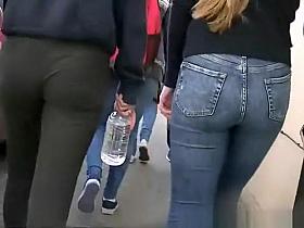 Teen in tight jeans pants and black leggings