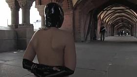 Blonde slut with gimp mask in public