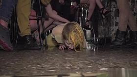 Yellow haired slave fucked in public
