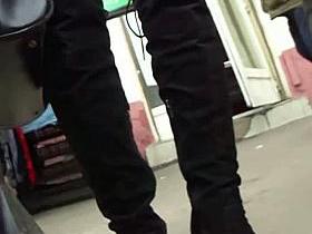 Chubby redhead and brunette flash for the amateur upskirt voyeur