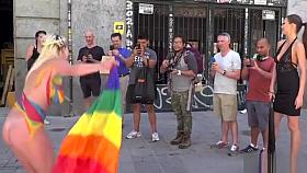 Busty body painted blonde fucked in public