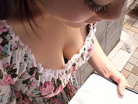 Downblouse scene with petite and cute babe in sexy dress