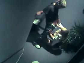 Drunk couple caught fucking in the hall