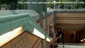 Submissive woman bound and exposed in public