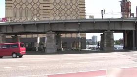 Blonde in metal high heels in public