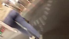 Blonde chick in tight jeans pants