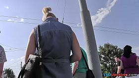 Upskirted young blonde with sexy skinny buttocks