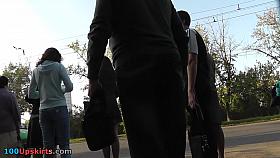 Golden-Haired upskirt sweetheart in sheer hose