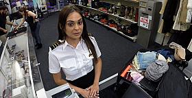 Slutty and sexy latina stewardess selling a luggage gets fucked