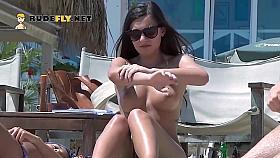 Beautiful Brunette Enjoys Sitting Topless With Her Stunning Large Natural Breasts On Display