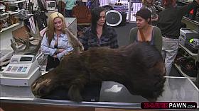 Two lovely blonde and brunette lesbian couple gets fucked by Shawn