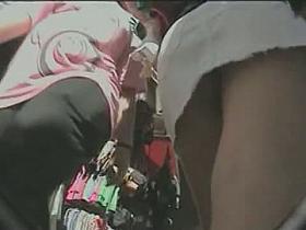 horny upskirt teen show in a white and denim mini skirt