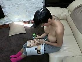 Short hair big tits chick with tattoo