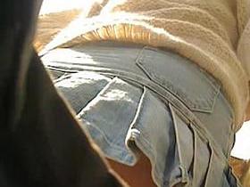 Blonde in denim skirt on horny up skirt video