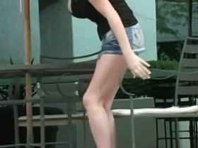 Girl with huge tits going to a café in this upskirt video