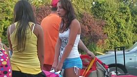 Two hot babe in tight shorts caught on candid voyur cam