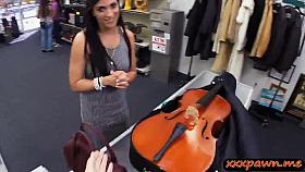Brunette babe pawns her cello and banged by pawn keeper