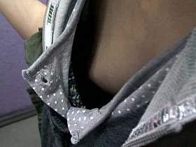 Tiny Asian sweetie spied on by a downbluse voyeur