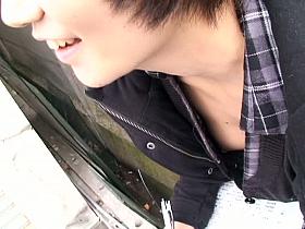 An Asian hot chick downblouse showing hard nipple in black bra